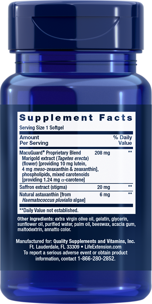 Life Extension MacuGuard Ocular Support with Saffron & Astaxanthin — Supplement Facts