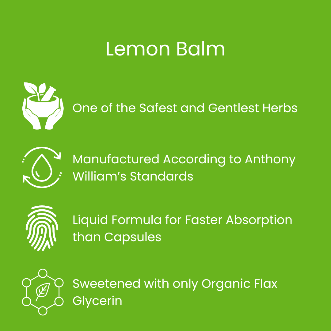 Lemon Balm product description on a green background with icons and text.