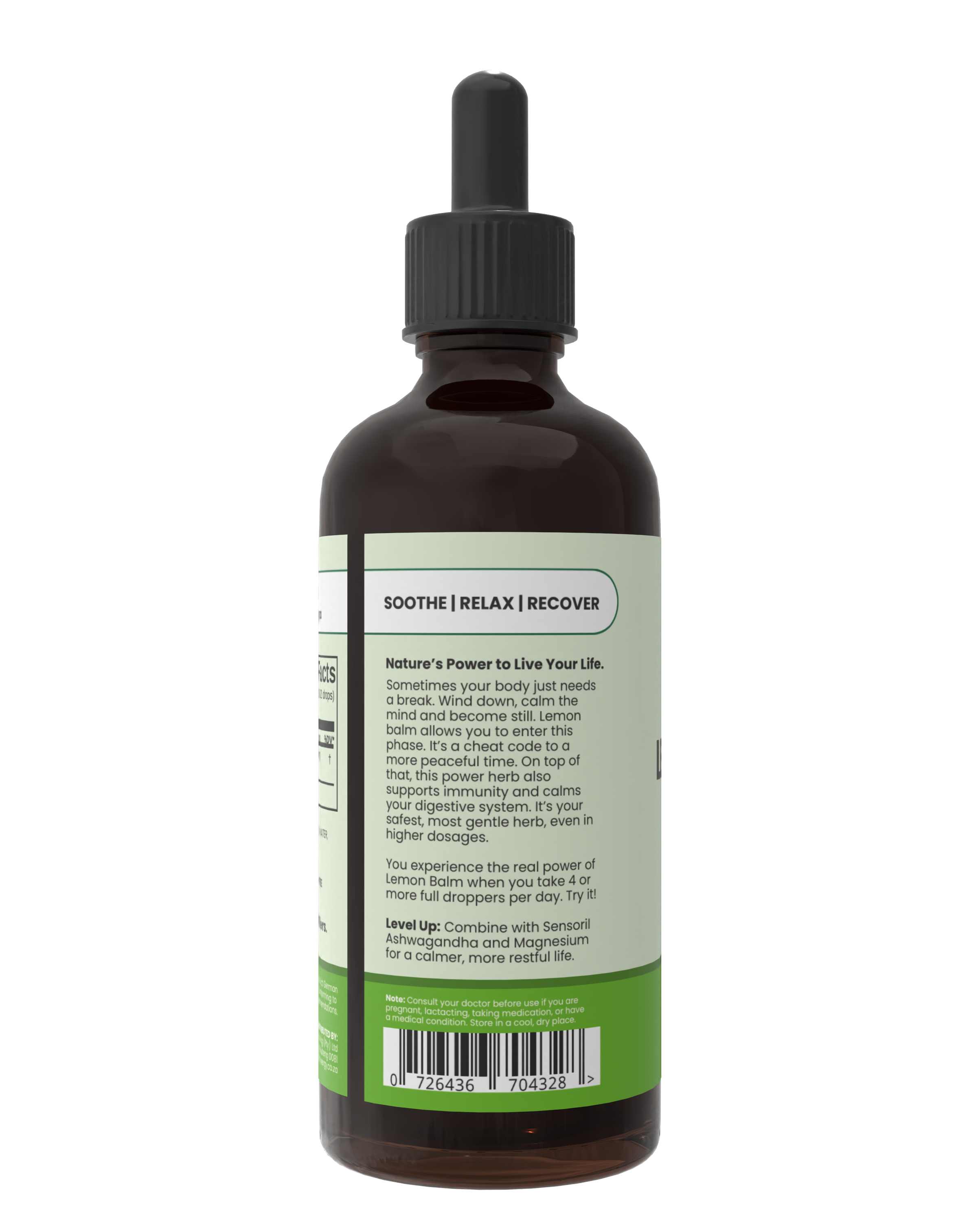 Bottle with a dropper labeled 'Booth Relax Recovery' on a white background