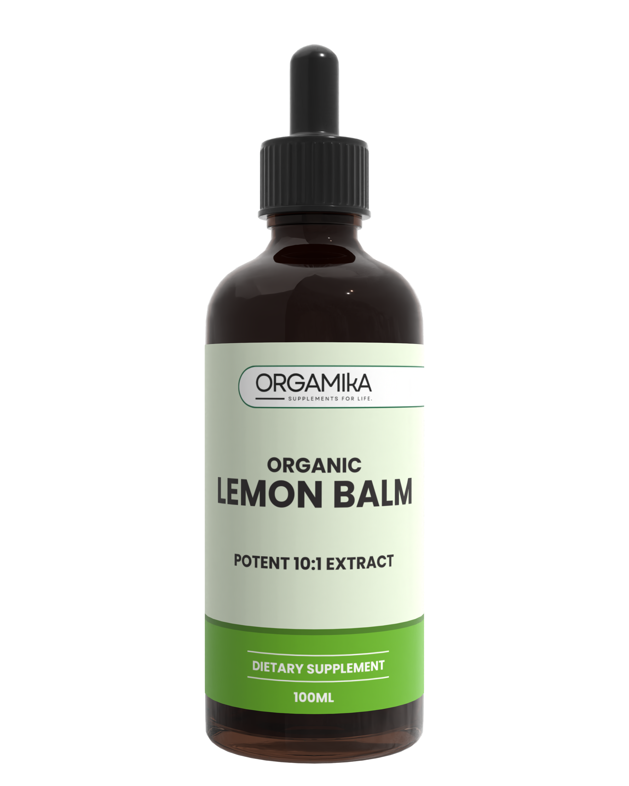 Bottle of Orgamika Organic Lemon Balm extract on a white background