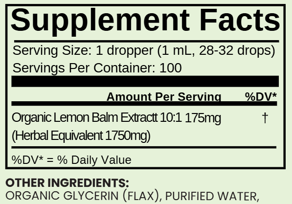 Supplement facts label for a product with organic lemon balm extract on a light green background.