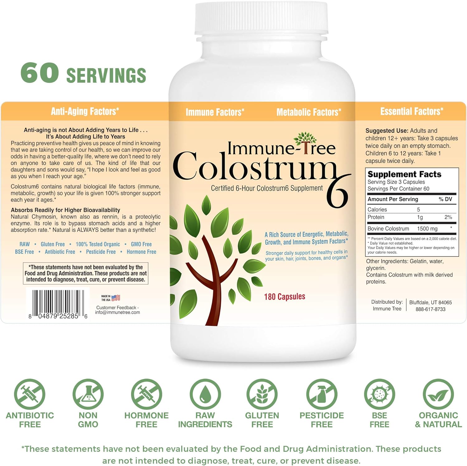 ImmuneTree Colostrum 180 Capsules (Certified 6-Hour Colostrum)