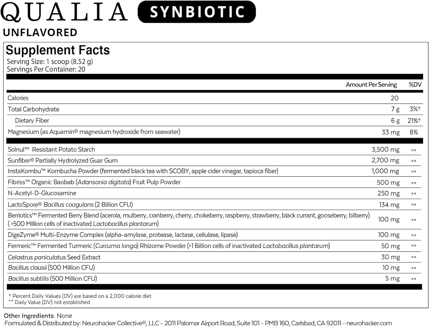 Neurohacker Collective Qualia Synbiotic - Unflavoured (3 Week Supply)