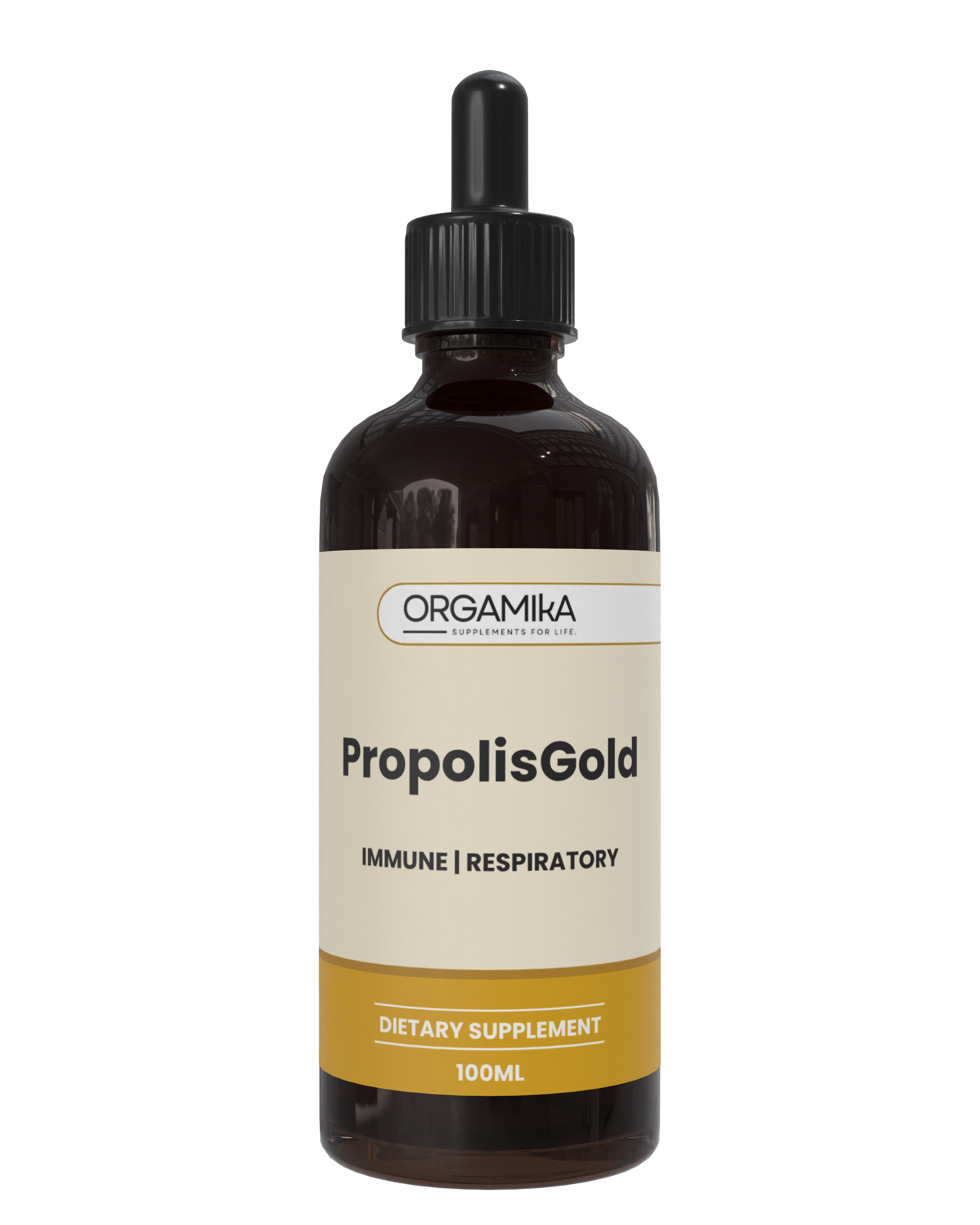 Bottle of Orgamika PropolisGold dietary supplement on a white background