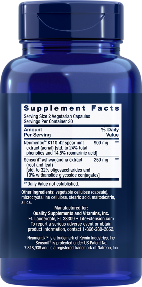 Life Extension Ashwagandha Plus Calm & Focus — Supplement Facts