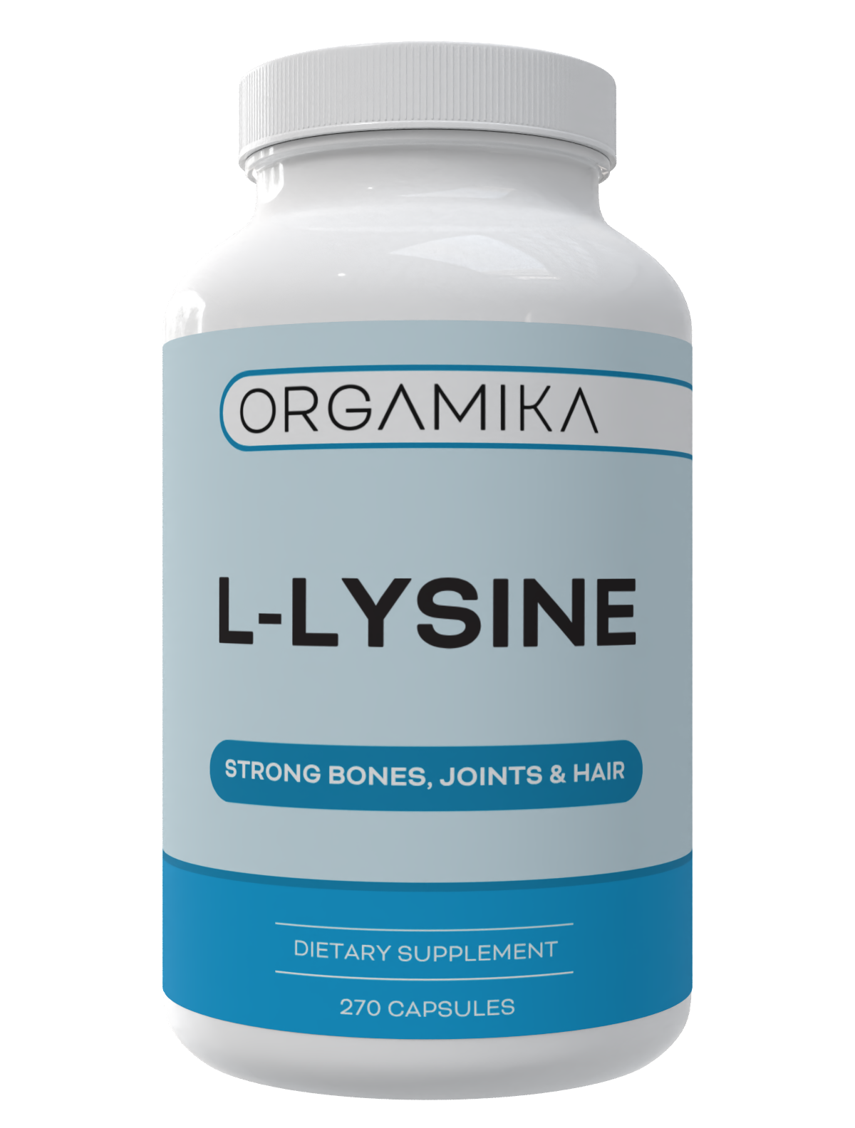 Front of the ORGAMIKA L-Lysine 270 capsule bottle, reading STRONG BONES, JOINTS & HAIR