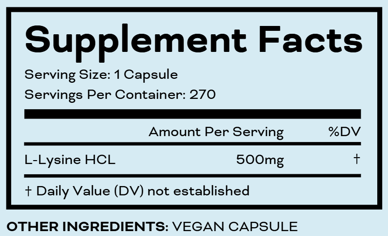 ORGAMIKA L-Lysine supplement facts panel: serving size 1 capsule, 270 servings per container, L-Lysine HCL 500mg, other ingredients vegan capsule