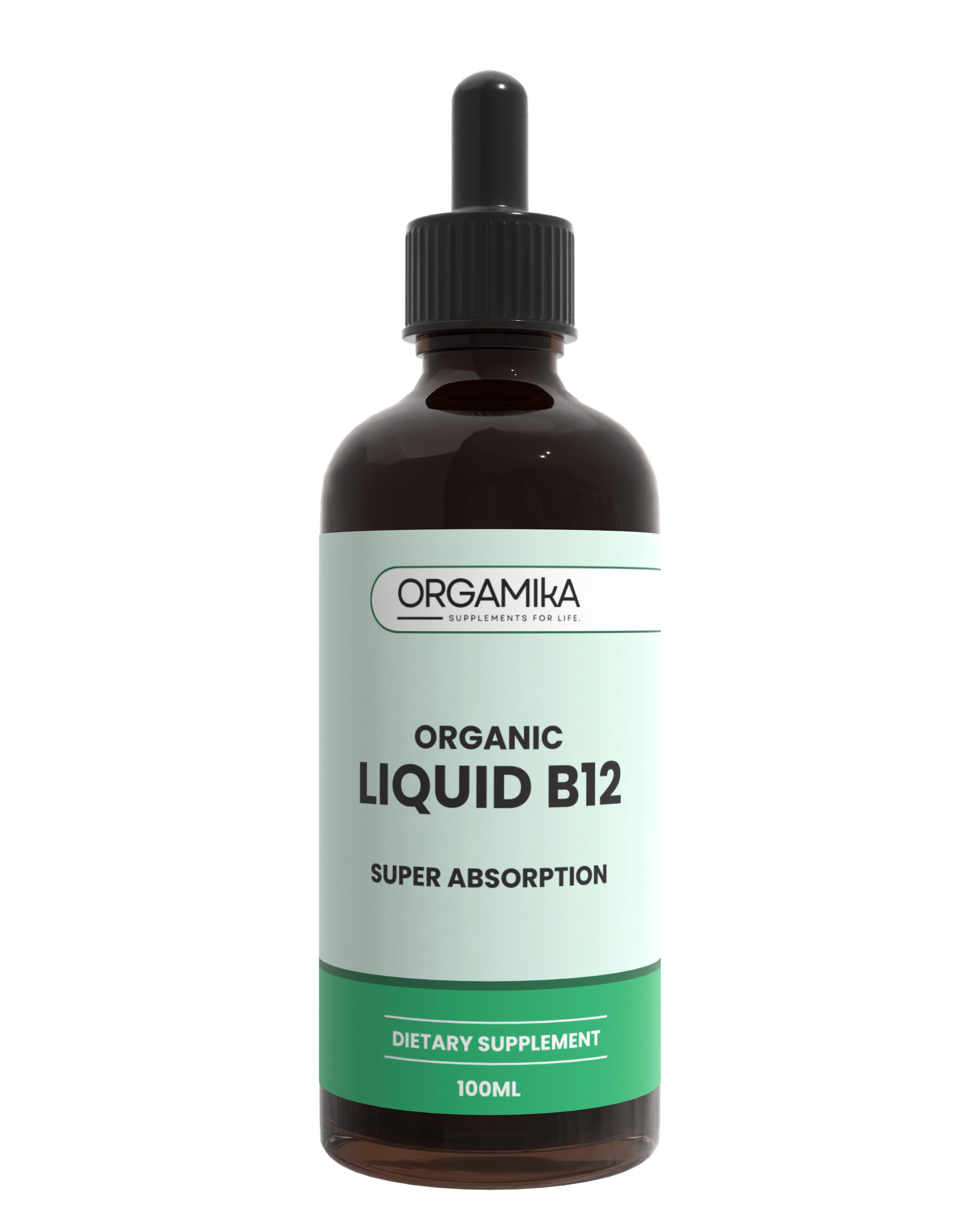 Bottle of Orgamika Organic Liquid B12 supplement on a white background