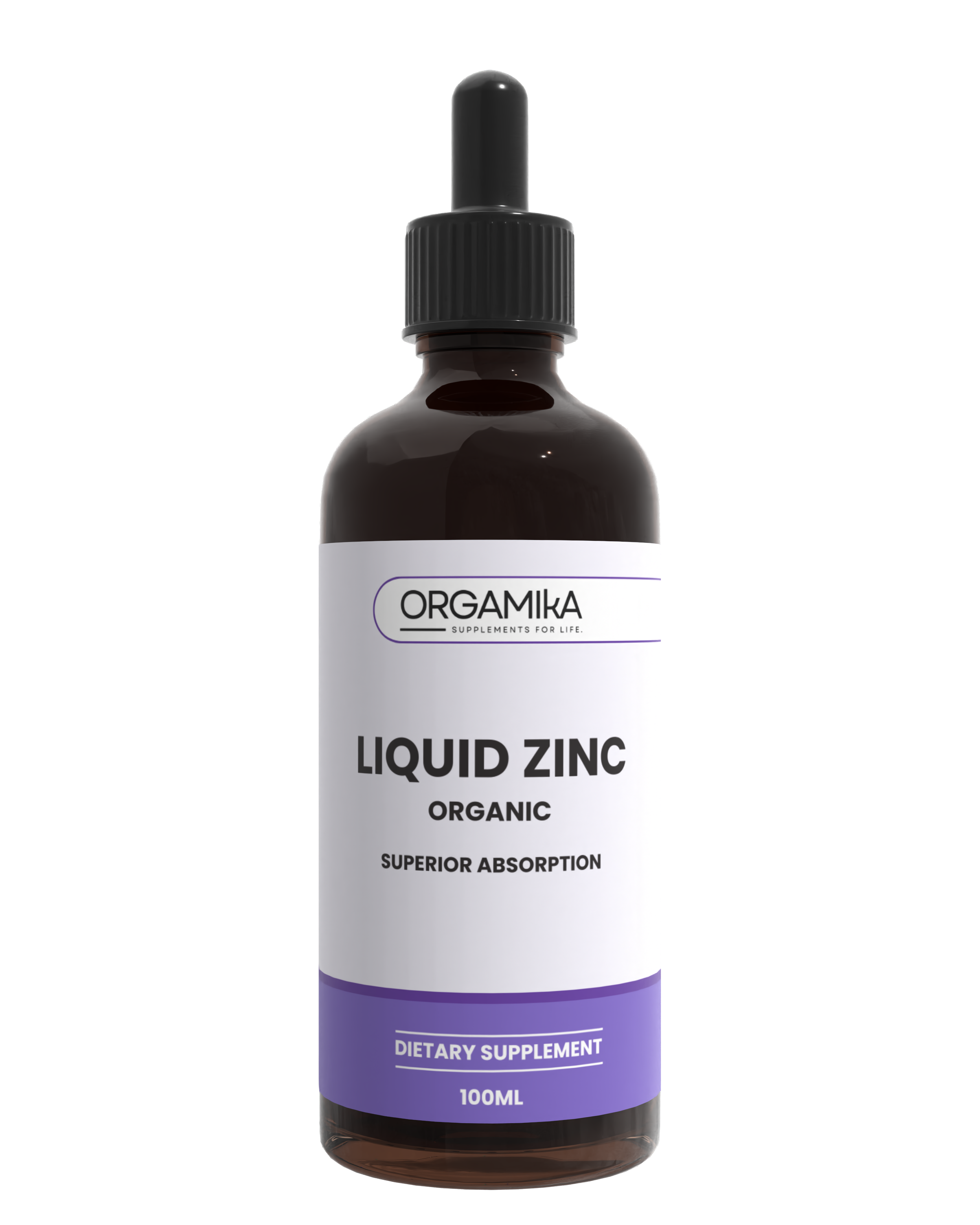 Bottle of Orgamika Liquid Zinc supplement on a white background