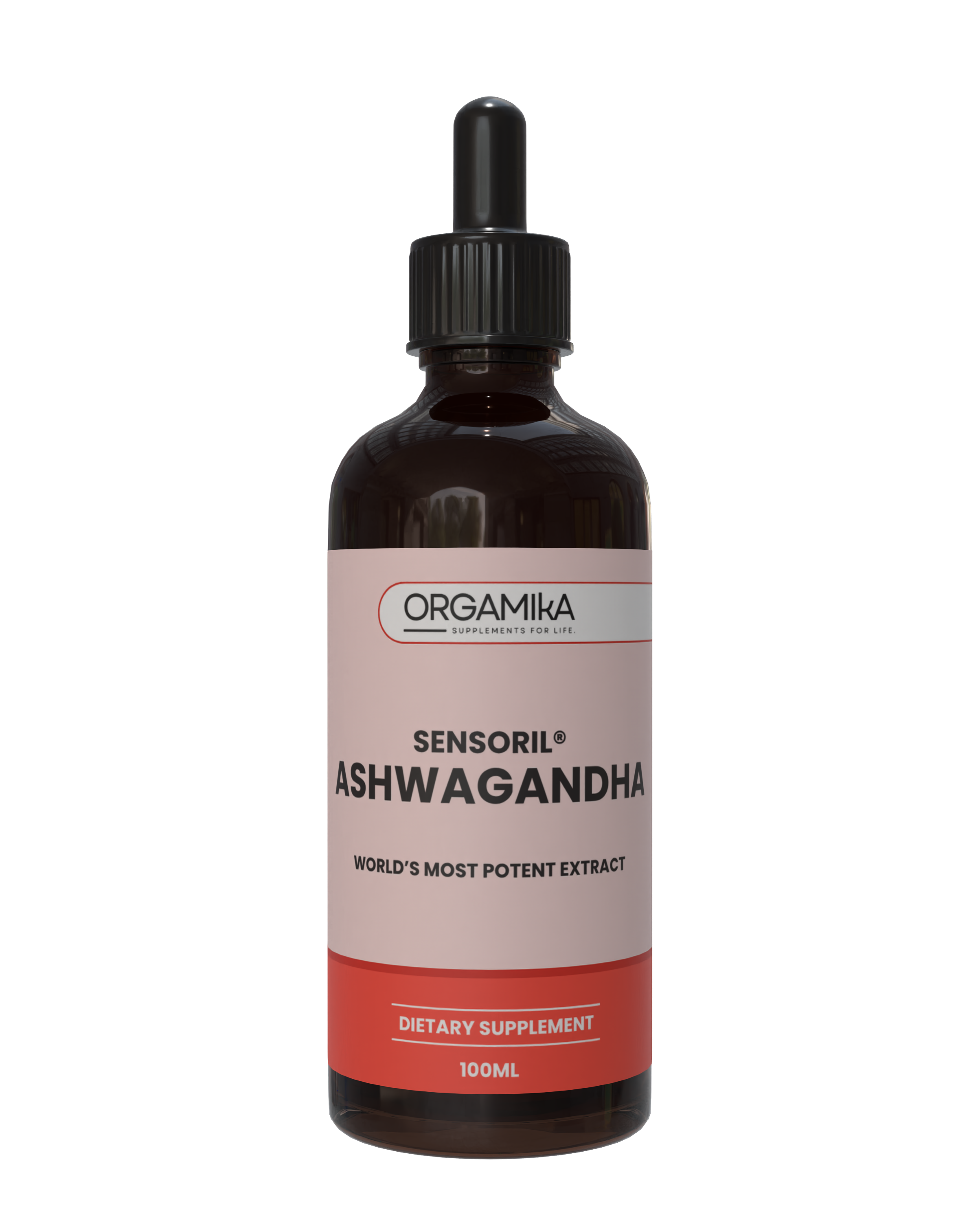 Bottle of Orgamika Ashwagandha supplement on a white background