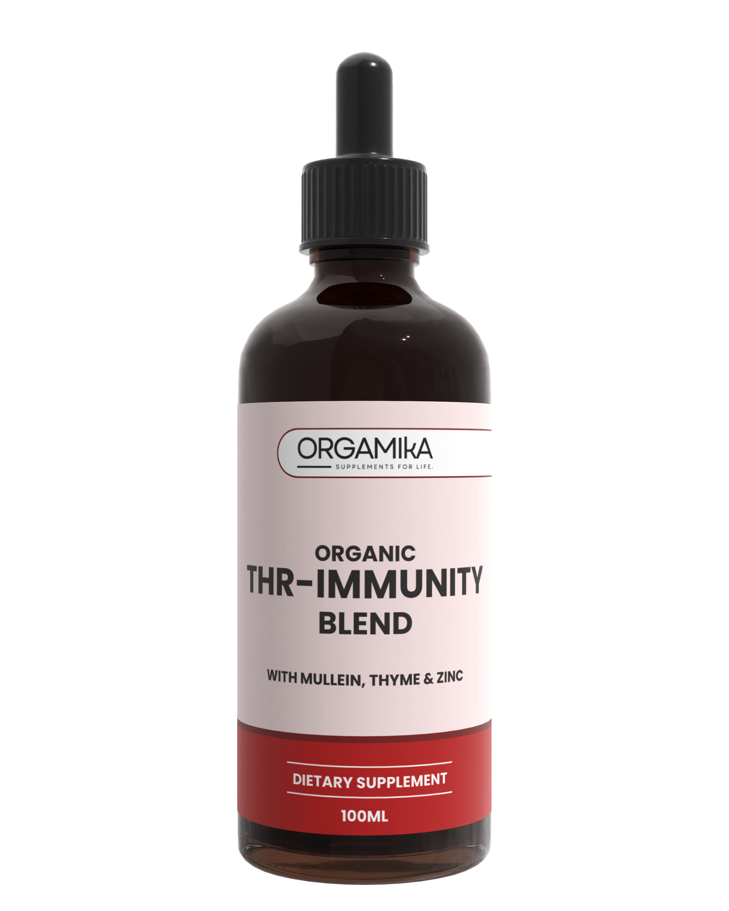 Bottle of Orgamika Organic THR-Immunity Blend on a white background