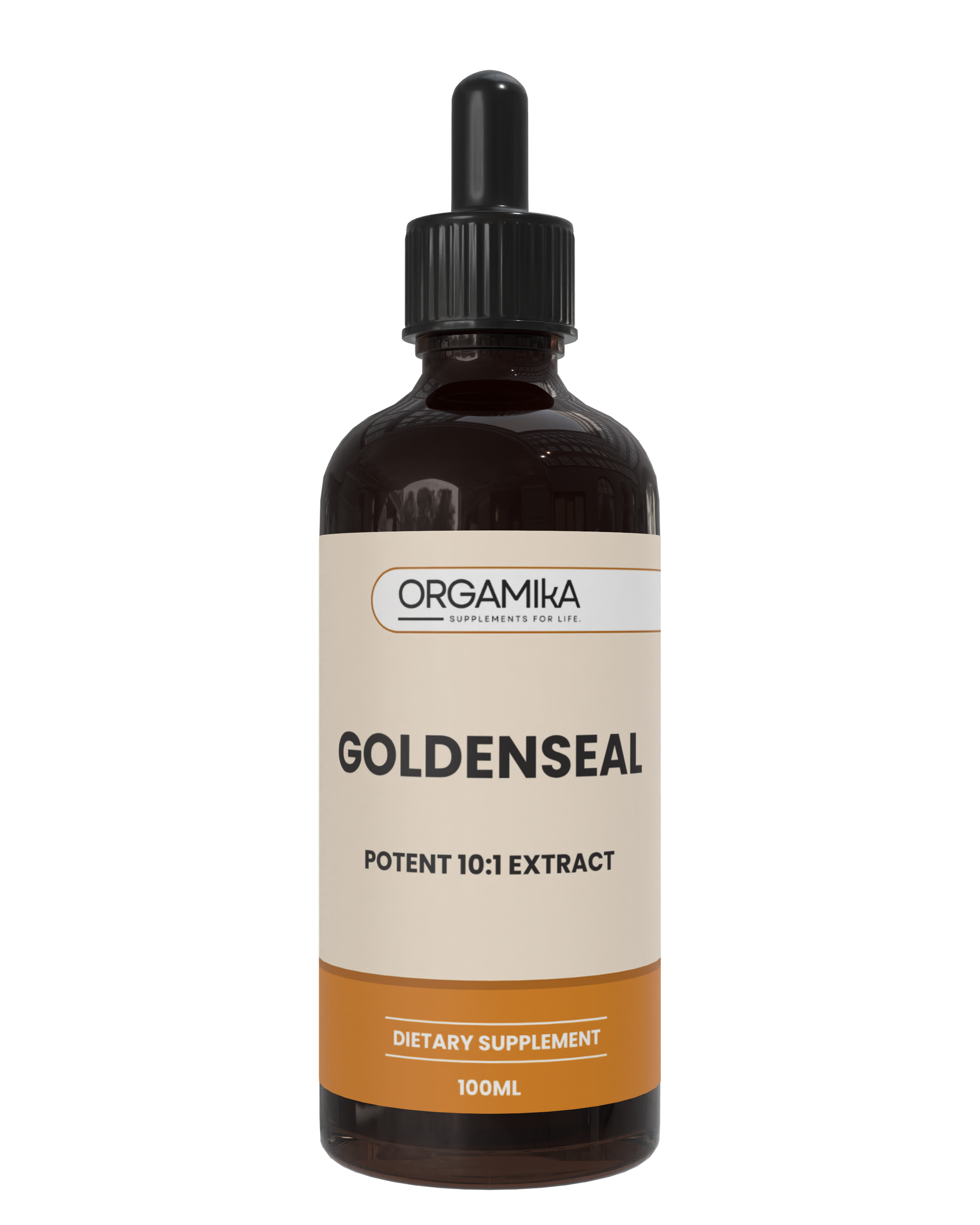 Bottle of Orgamika Goldenseal extract on a white background