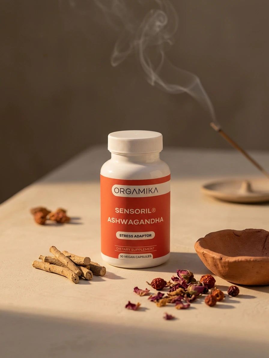 The ORGAMIKA Sensoril Ashwagandha capsule bottle in warm light beside ashwagandha root, dried rose buds and a smoking incense stick