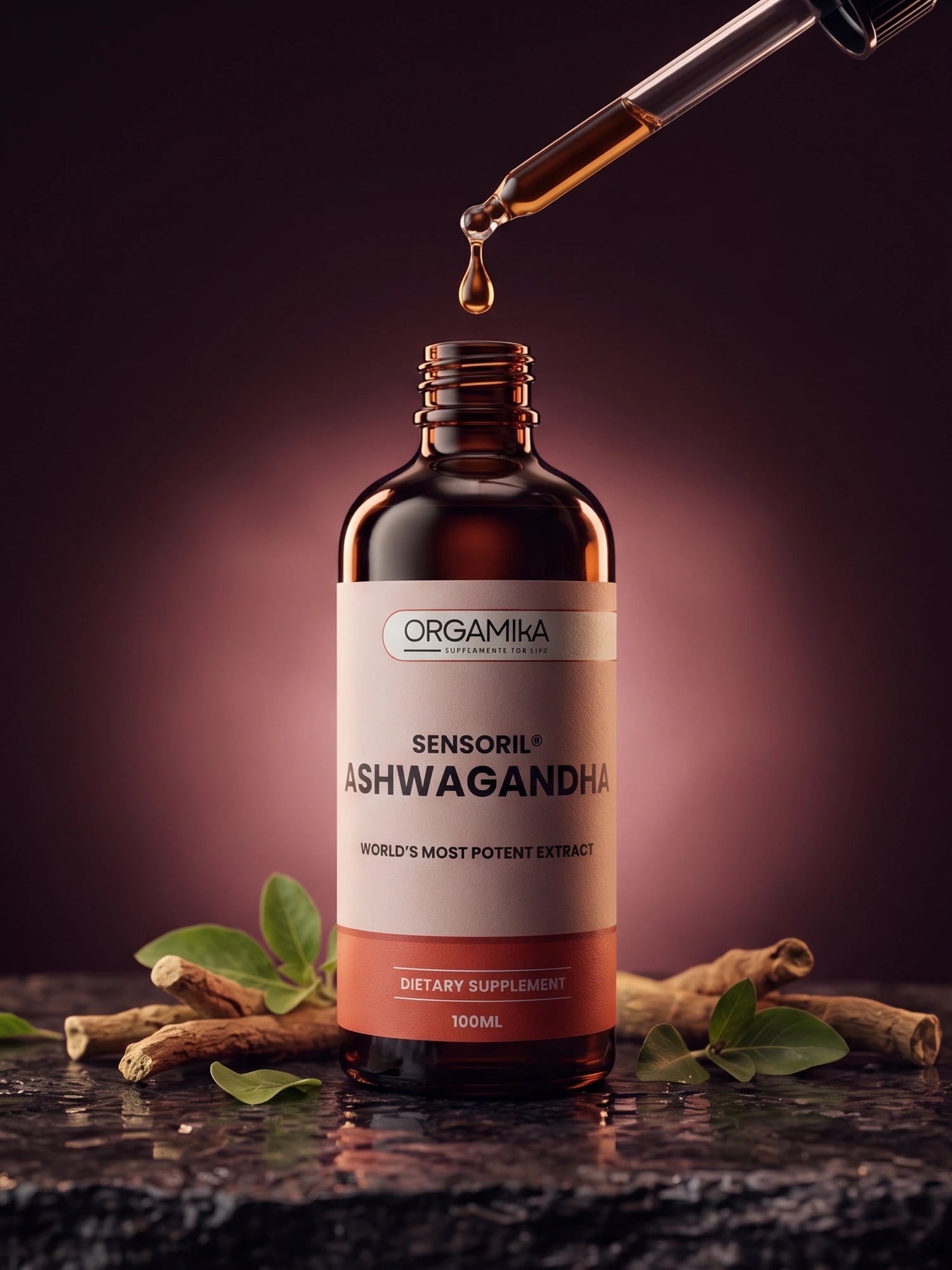 ORGAMIKA Liquid Sensoril Ashwagandha bottle on wet dark stone with ashwagandha root and leaves, a drop falling from the dropper