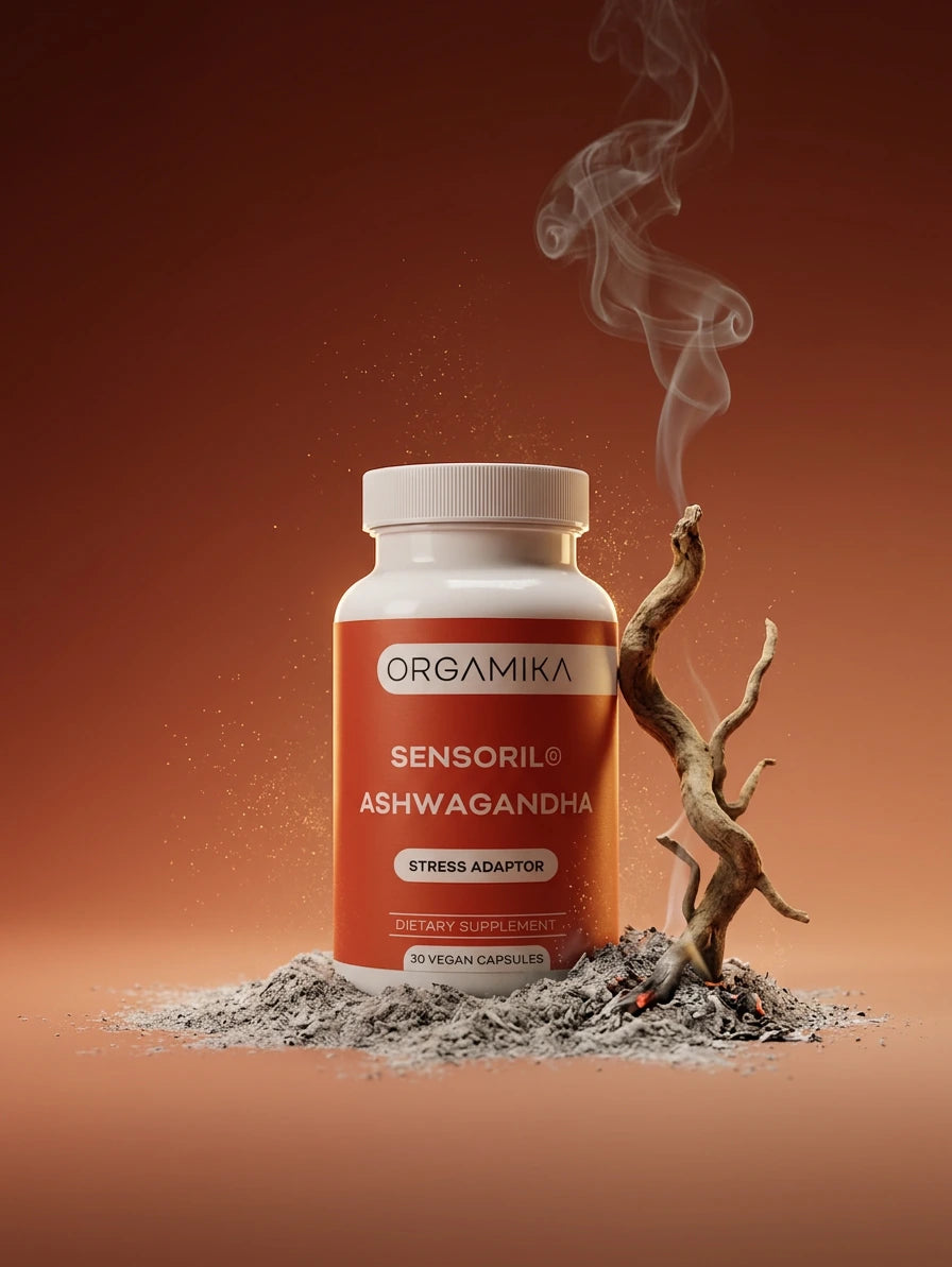 ORGAMIKA Sensoril Ashwagandha bottle standing in ash beside an ashwagandha root and rising smoke