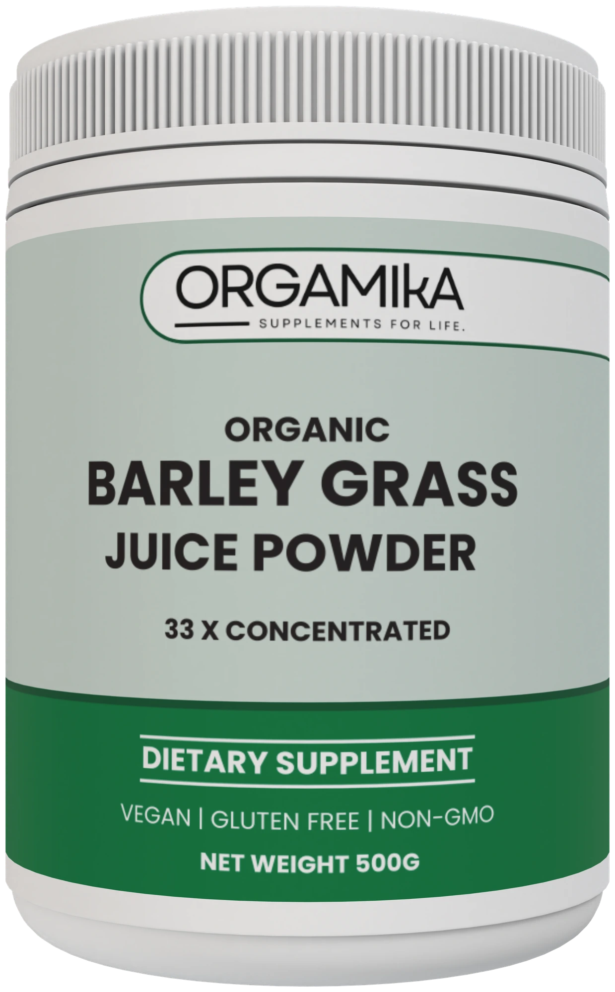 Front of the ORGAMIKA Organic Barley Grass Juice Powder 500g tub