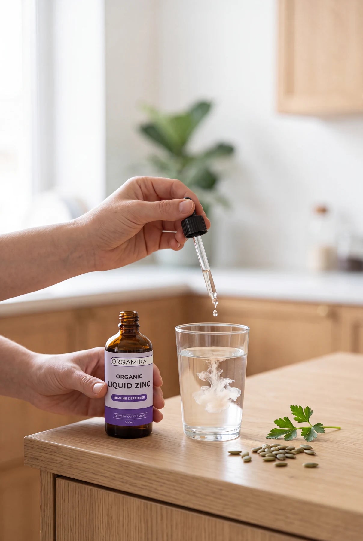 A dropper of ORGAMIKA Liquid Zinc dispensing into a glass of water on a sunlit kitchen counter