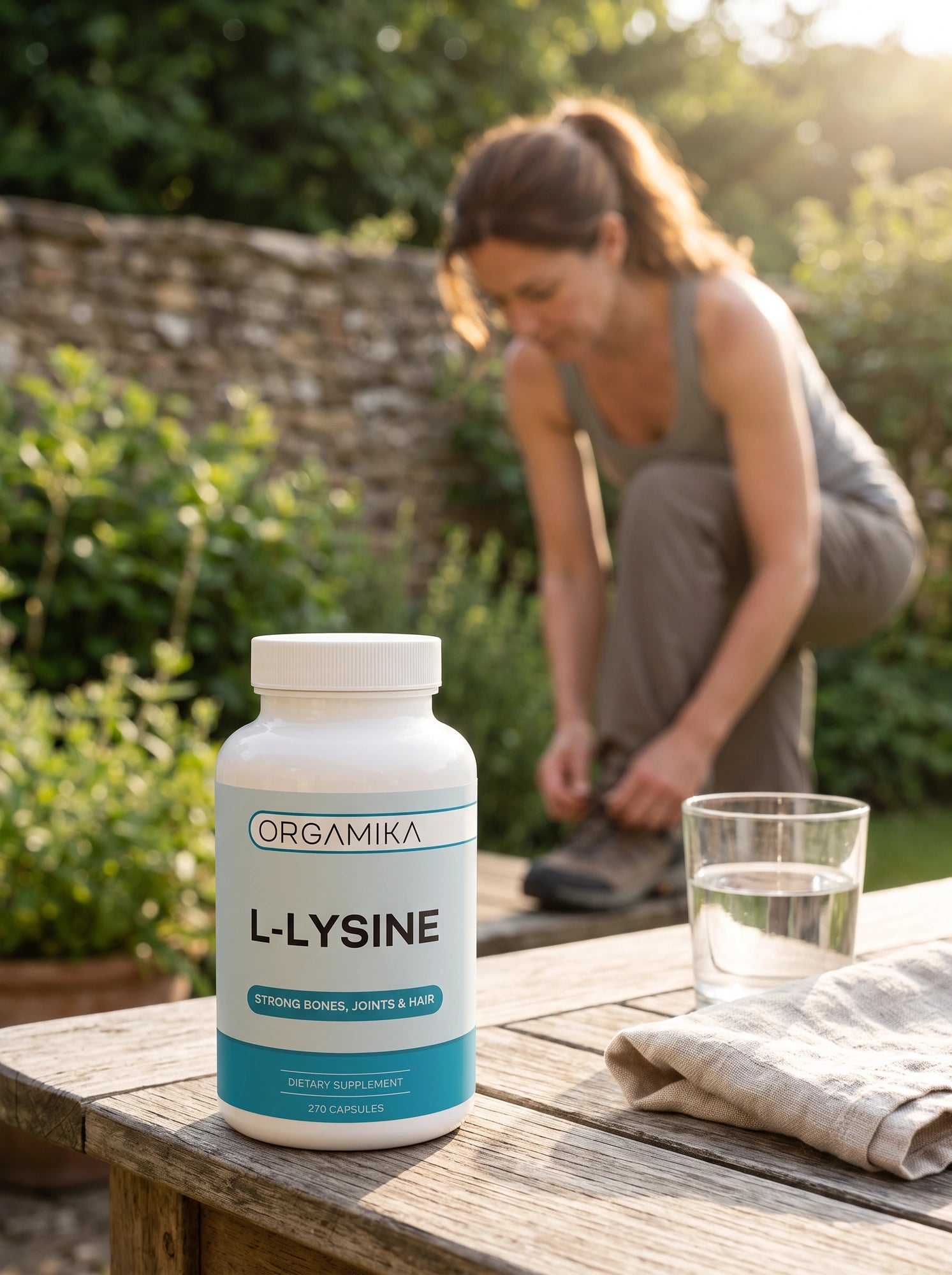 The ORGAMIKA L-Lysine 270 capsule bottle on a weathered garden table beside a glass of water, with someone lacing a walking boot behind it