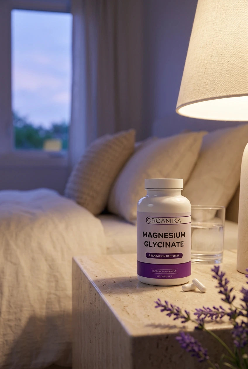 The ORGAMIKA Magnesium Glycinate bottle on a bedside table in low evening light