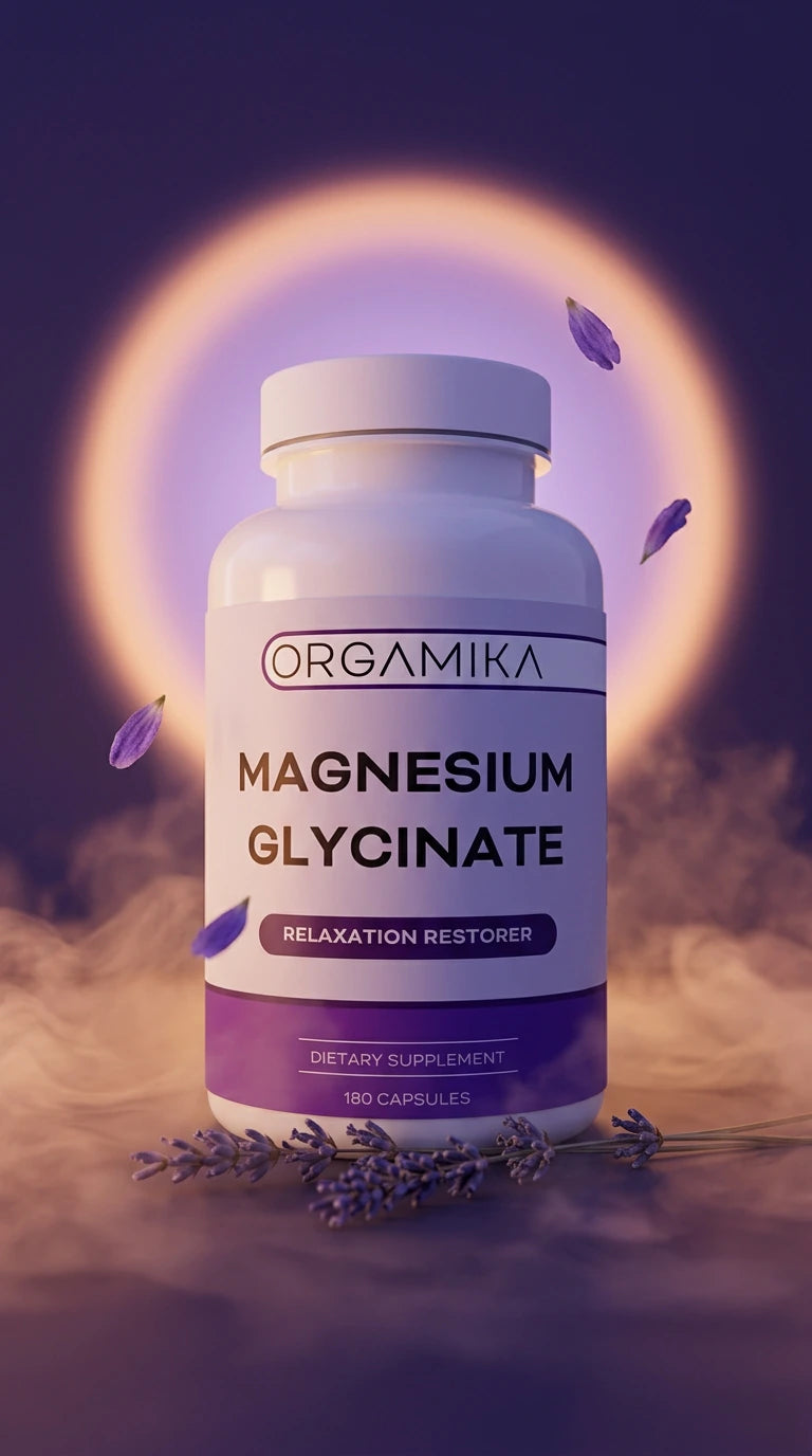 ORGAMIKA Magnesium Glycinate bottle lit against a deep violet-black background