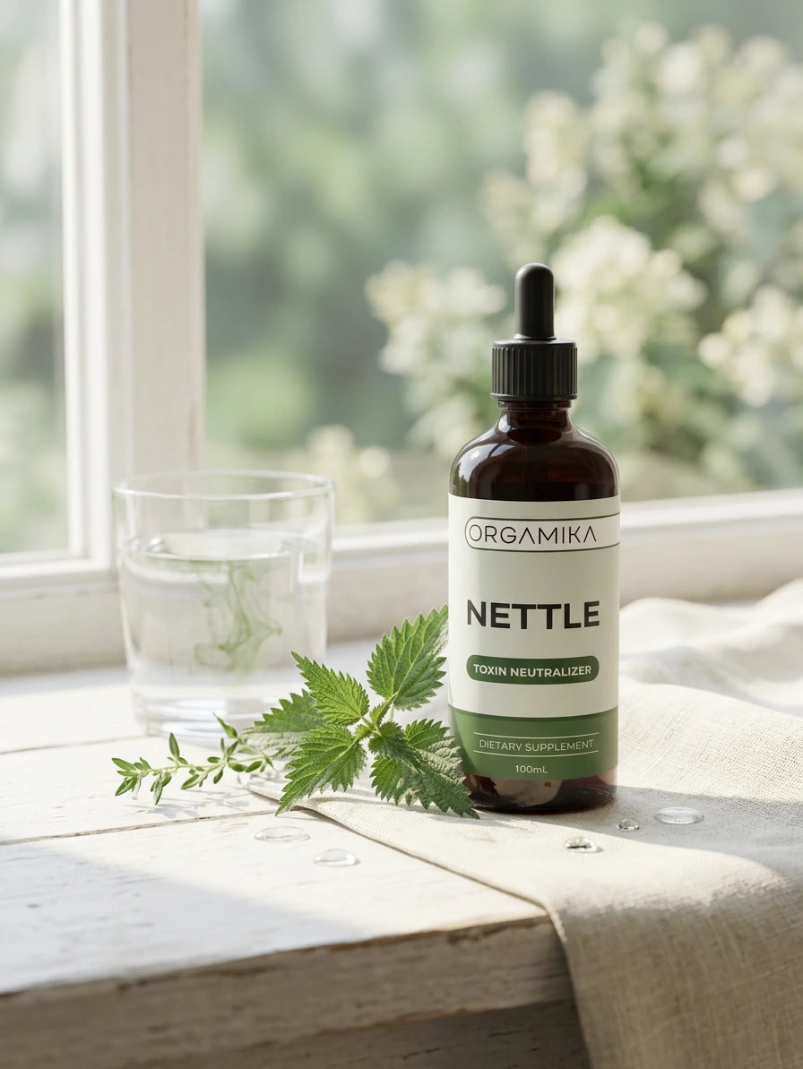 The ORGAMIKA Liquid Nettle bottle on a sunlit windowsill beside a glass of water and a sprig of fresh nettle