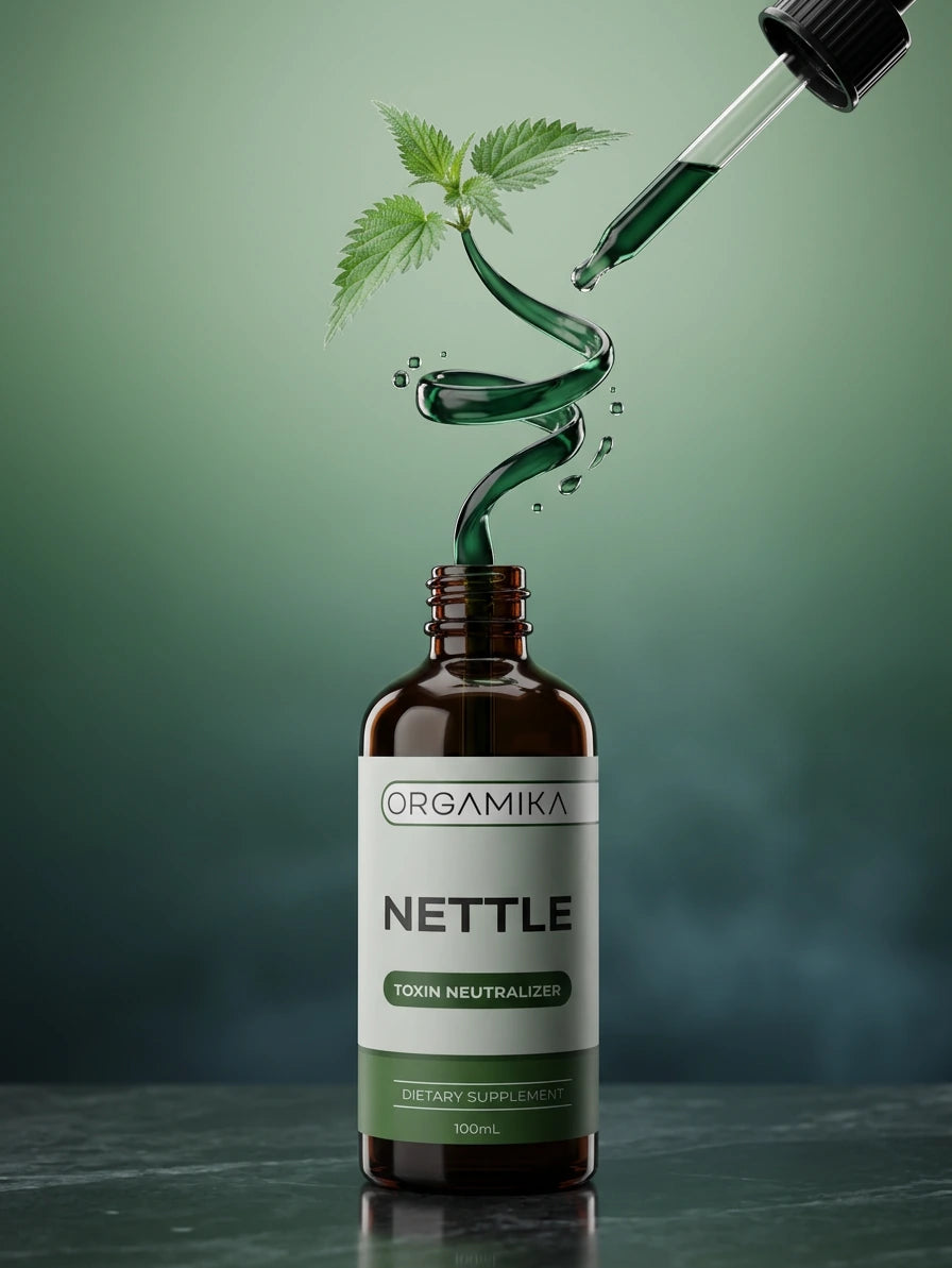 ORGAMIKA Organic Liquid Nettle bottle with a spiral of green extract and a fresh nettle leaf