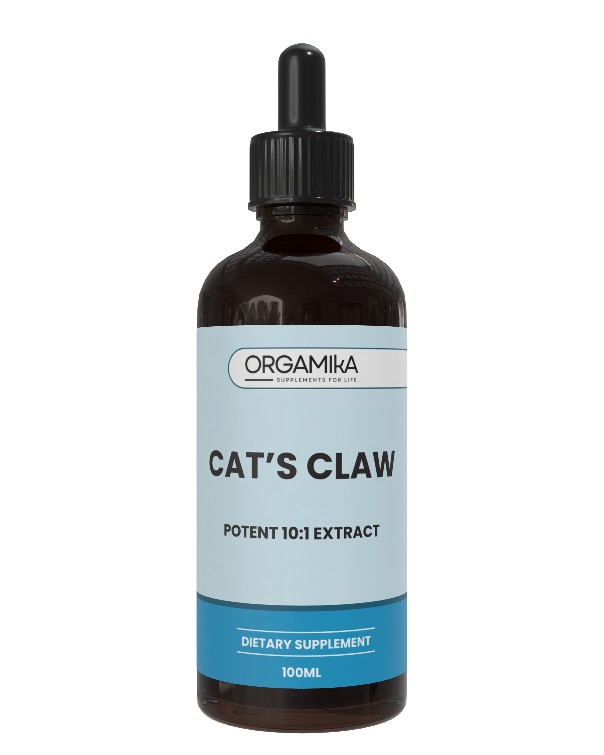 Bottle of Orgamika Cat's Claw extract on a white background