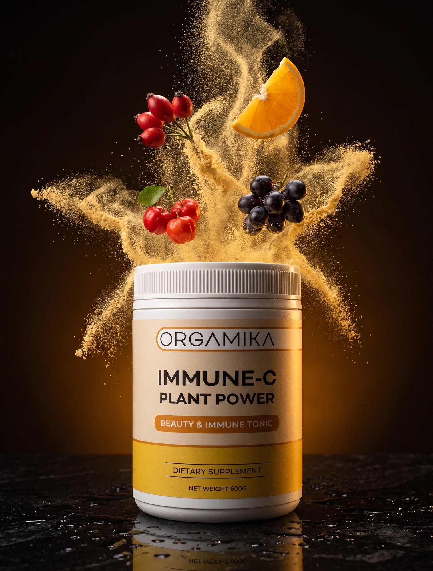 ORGAMIKA Immune-C Plant Power tub lit against a dark honey-toned background
