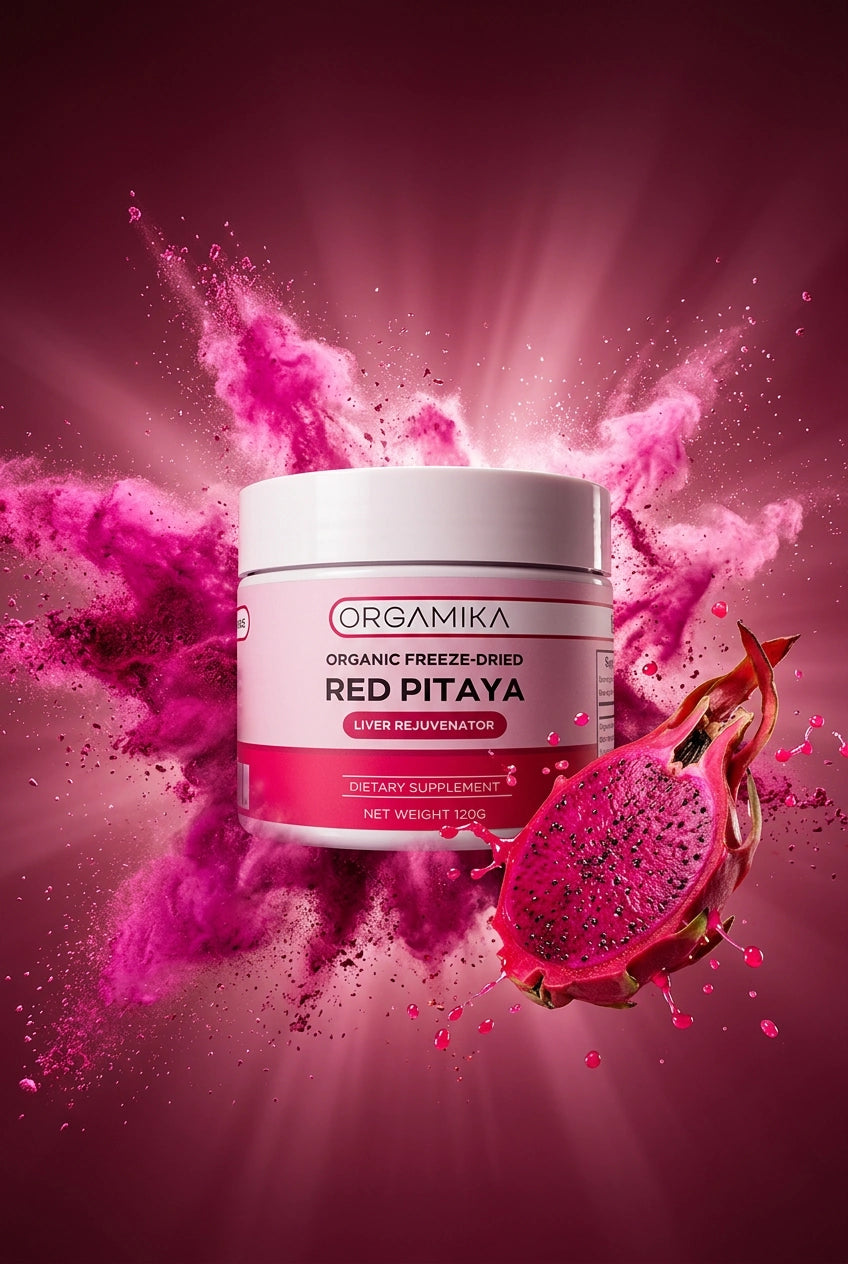ORGAMIKA Red Pitaya tub in a burst of magenta powder beside a halved dragon fruit