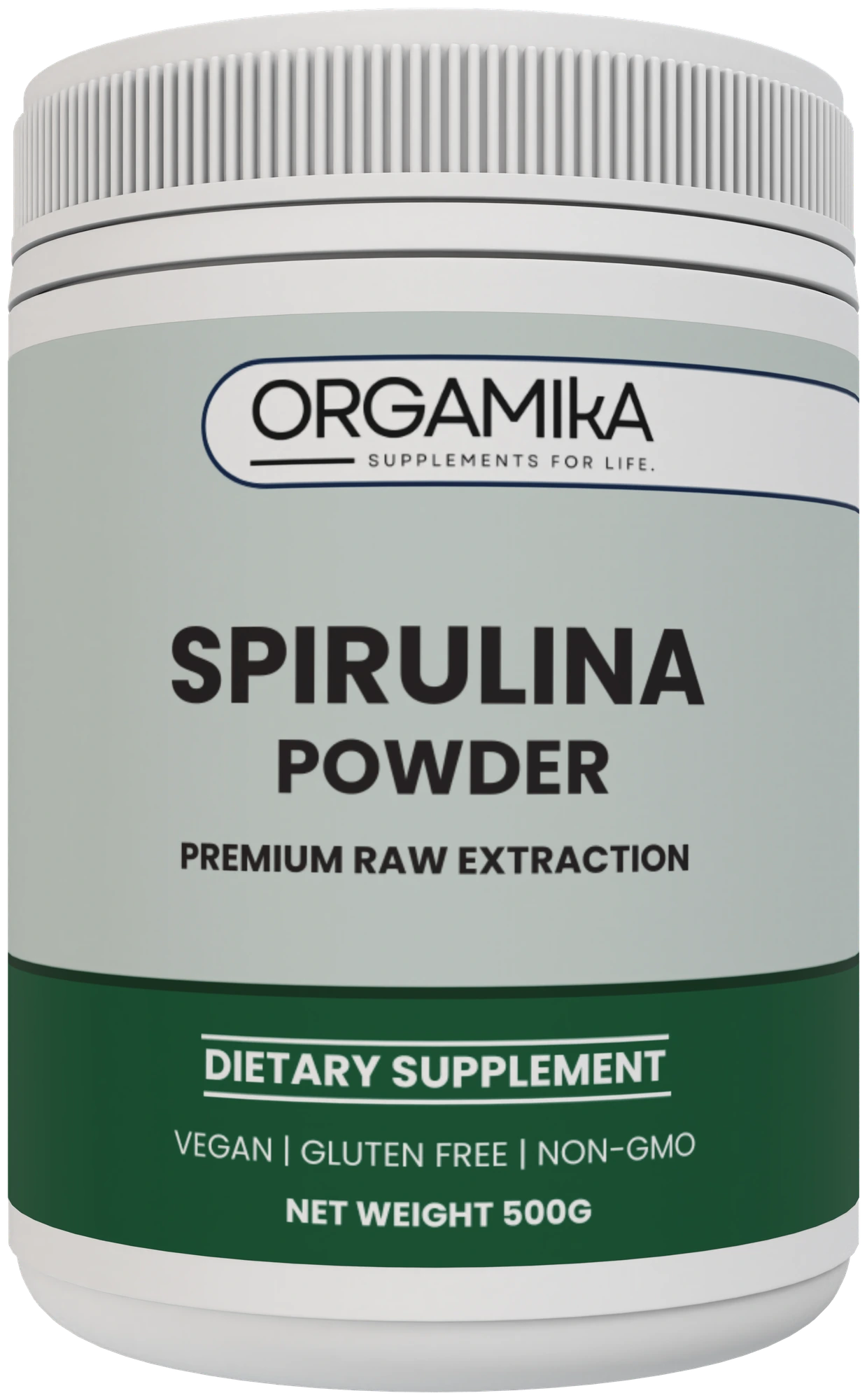 Front of the ORGAMIKA Spirulina Powder 500g tub
