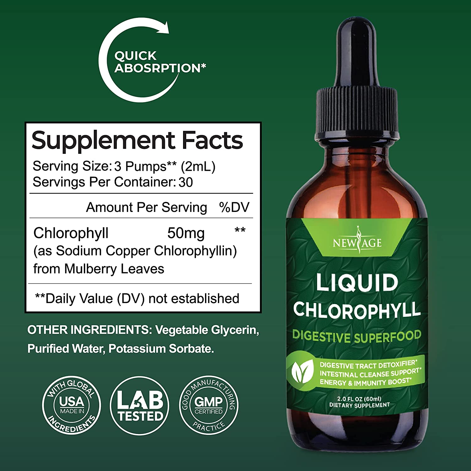 NewAge Liquid Chlorophyll Drops 60ml - Internal Deodorant, Detoxifier, Energy Support