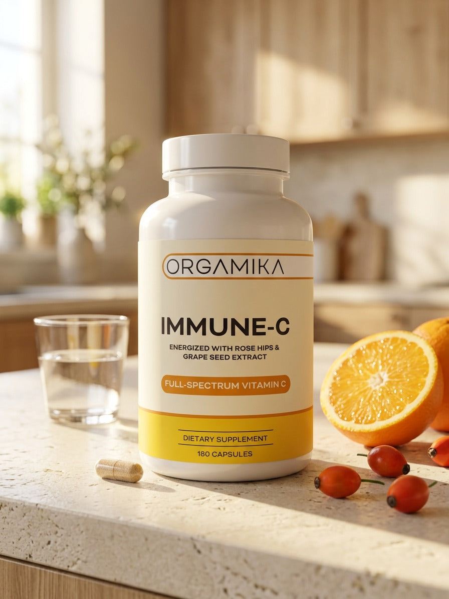 ORGAMIKA Immune-C on a sunlit kitchen counter beside fresh oranges and rose hips