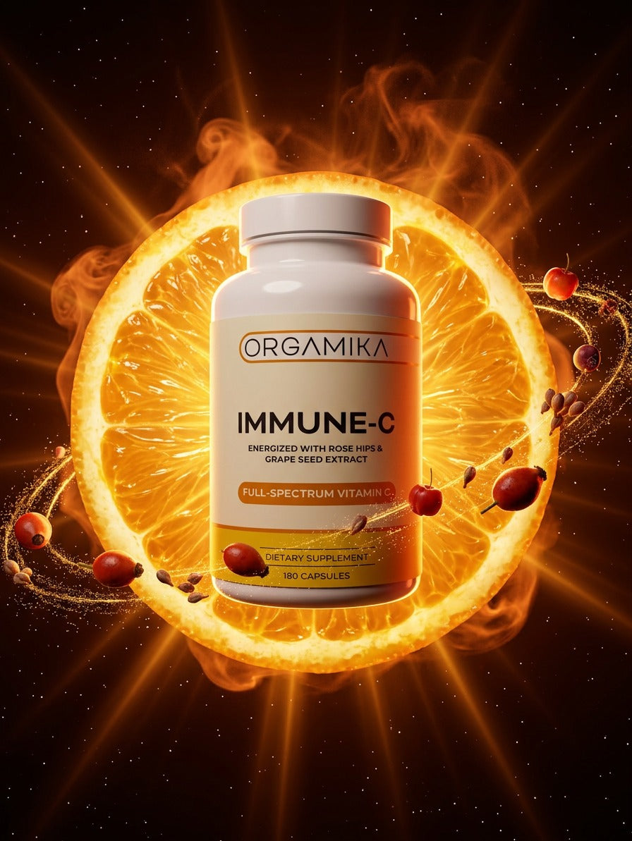 ORGAMIKA Immune-C bottle at the centre of a radiant citrus sun with orbiting rose hips and acerola cherries