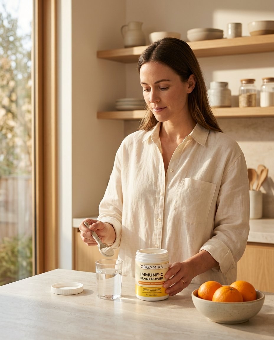 A morning ritual — ORGAMIKA Immune-C Plant Power stirred into water with fresh oranges nearby